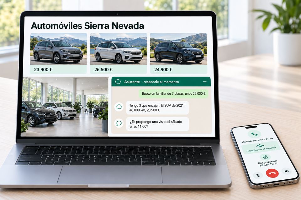 Portátil con la web de un concesionario y su asistente respondiendo con el stock real