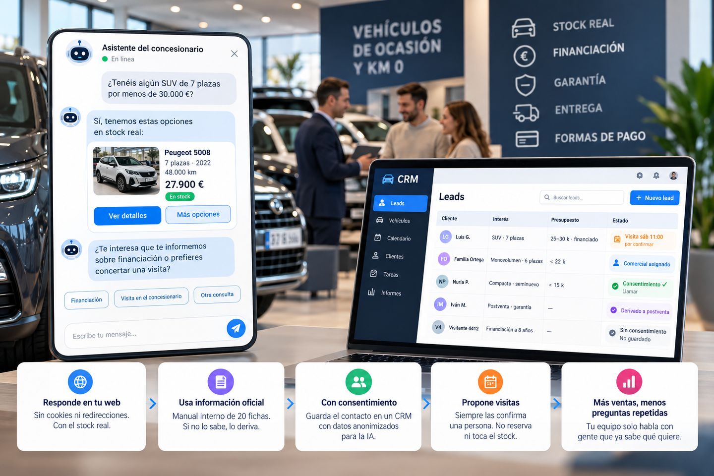 Asistente en la web de un concesionario respondiendo con un vehículo en stock y, al lado, el panel de leads del equipo comercial