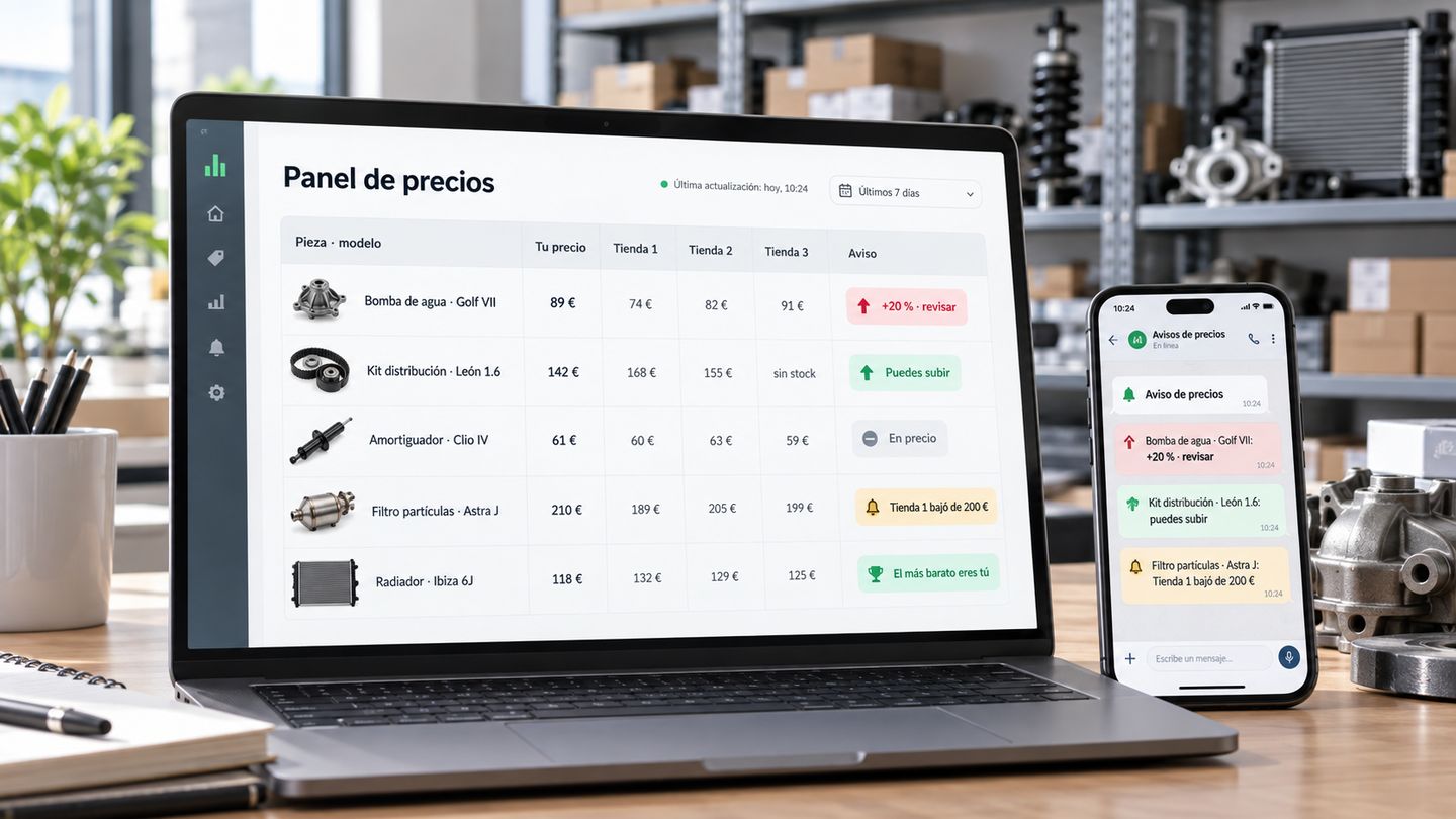 Portátil con el panel de precios de una tienda de recambios frente a tres tiendas y, al lado, el móvil con los avisos de precio
