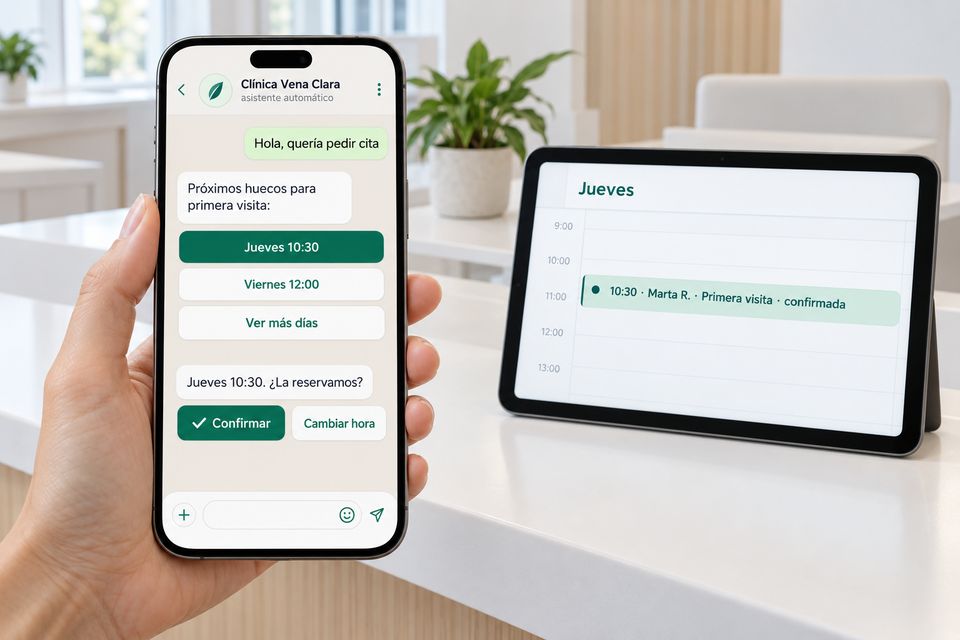 Móvil con el asistente de WhatsApp de una clínica dando cita con botones, junto a la agenda con la cita ya puesta