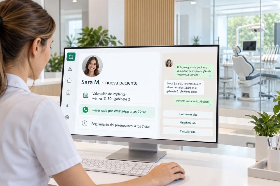 Monitor de una clínica dental con la valoración reservada por WhatsApp y su seguimiento