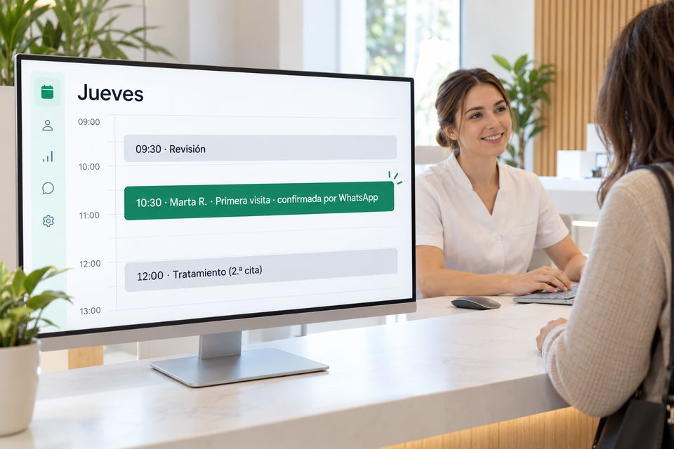 Monitor de la recepción de una clínica con la agenda y una primera visita confirmada por WhatsApp