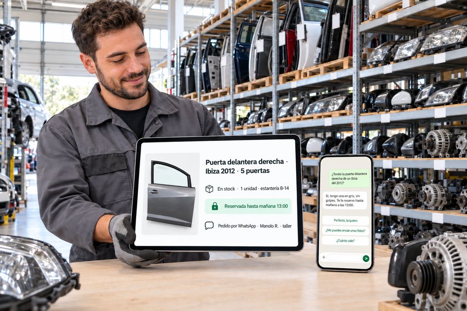Tableta en la nave de un desguace con la ficha de una pieza en stock, reservada para un taller