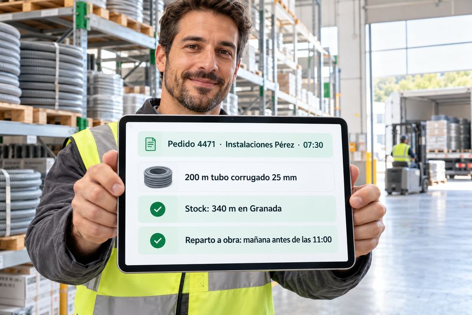 Tableta de almacén con un pedido de un cliente profesional, su stock y el reparto