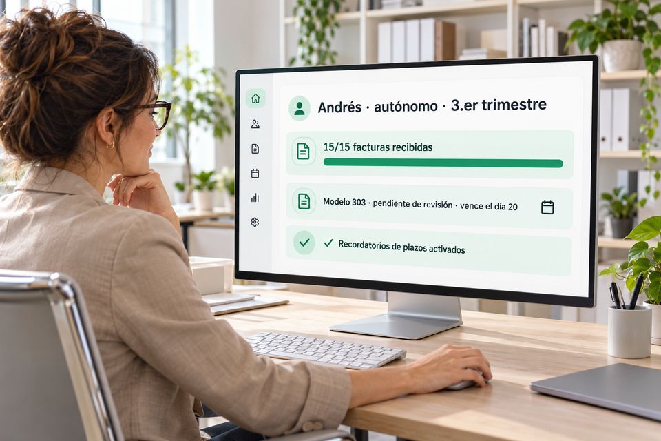 Monitor de una gestoría con la documentación del trimestre completa y el plazo controlado