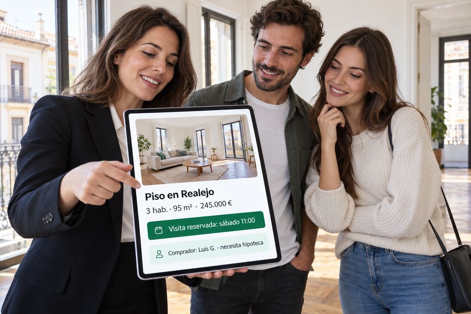 Tableta con la ficha de un piso y la visita reservada por el asistente