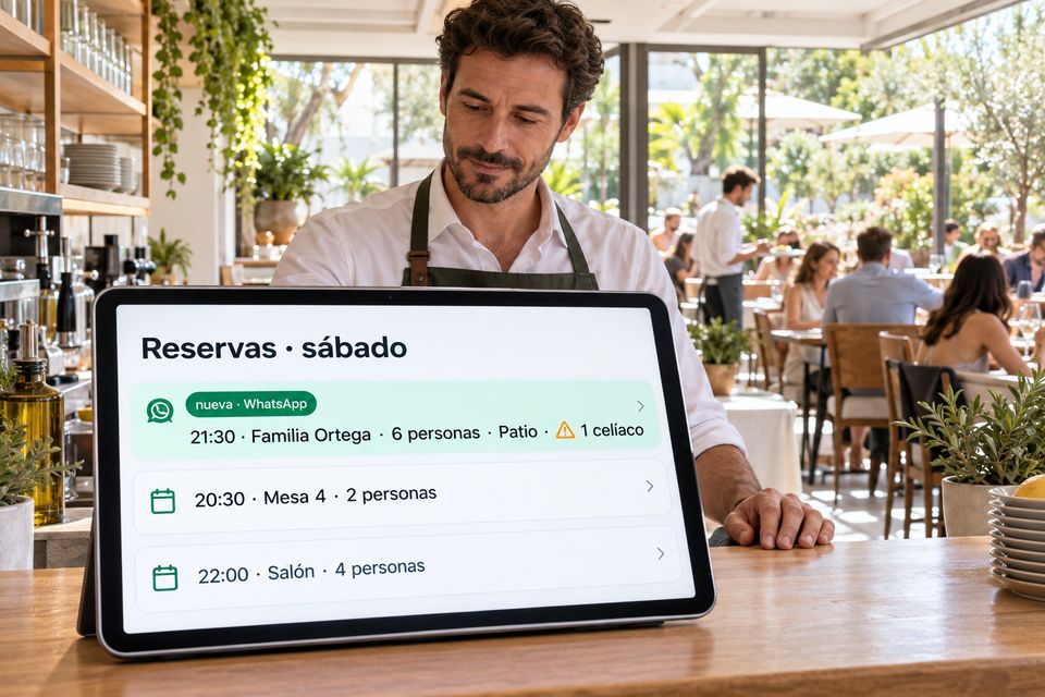 Tableta en la barra de un restaurante con las reservas del sábado que han entrado por WhatsApp