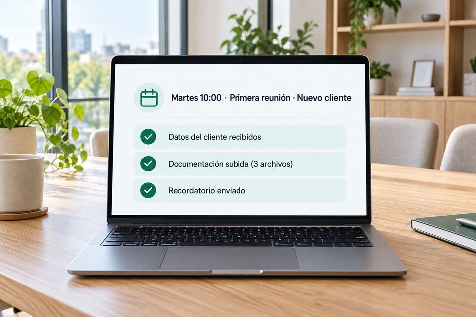 Portátil de un despacho con la primera reunión preparada y la documentación ya recibida