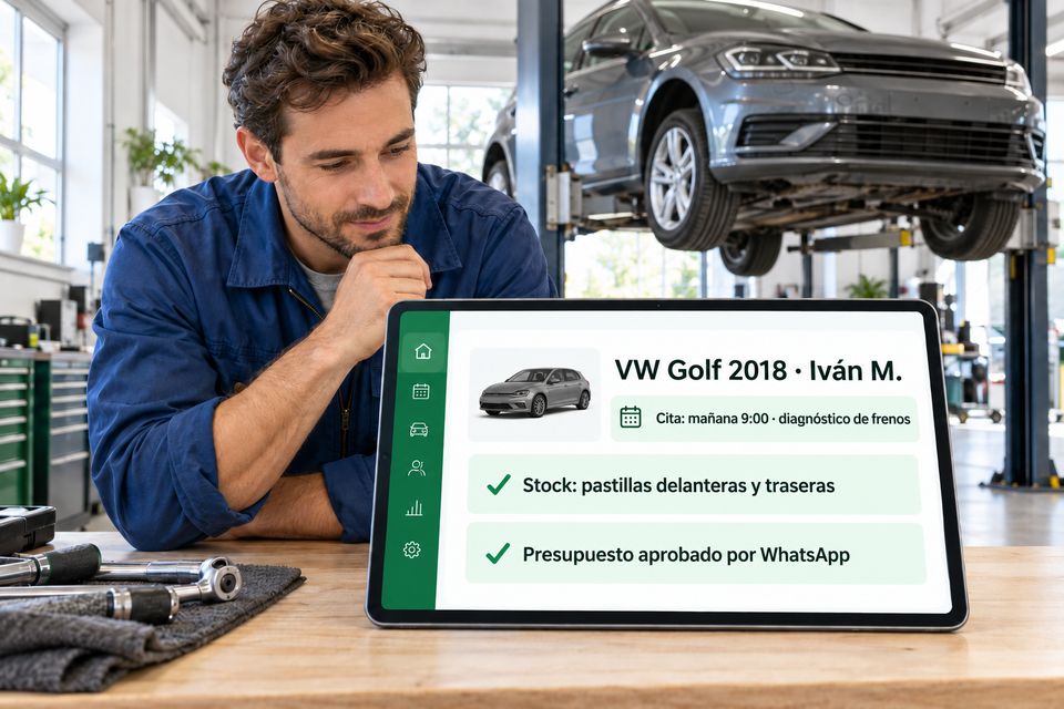 Tableta en un taller con la ficha del coche, la cita y el presupuesto aprobado por WhatsApp