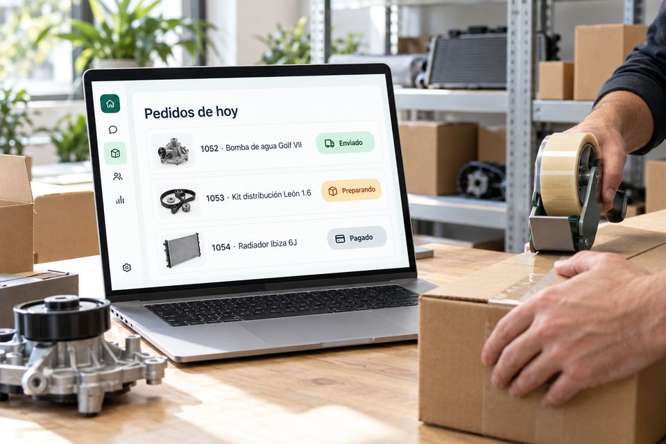 Portátil de una tienda online de recambios con los pedidos del día