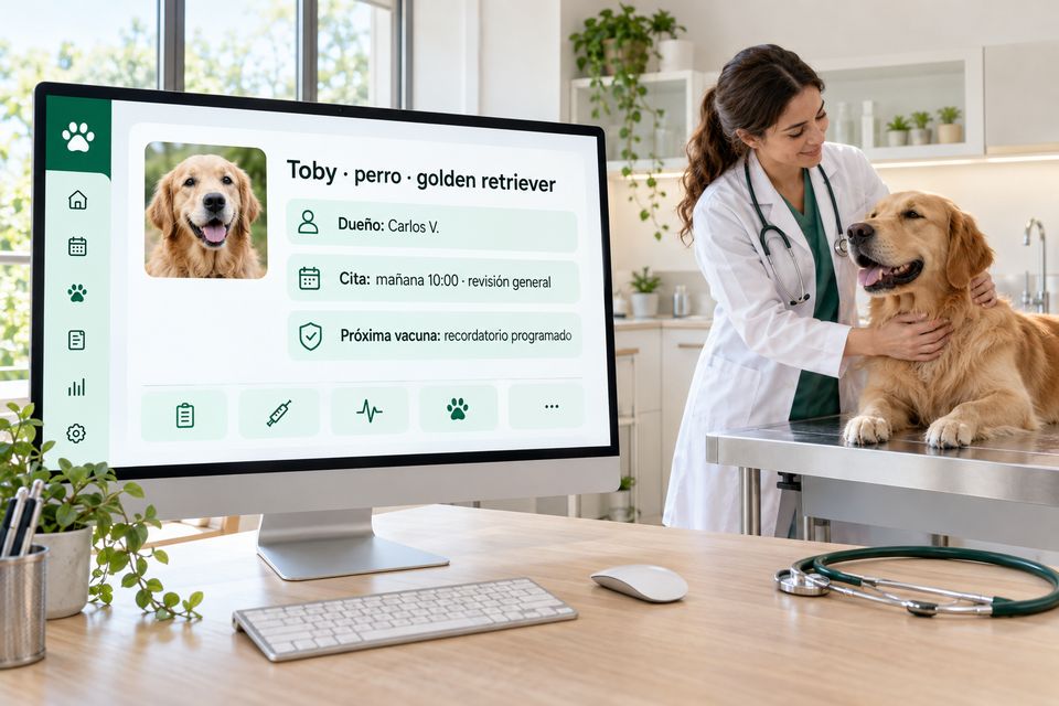 Monitor de una veterinaria con la ficha de un perro, su cita y el recordatorio de vacunas